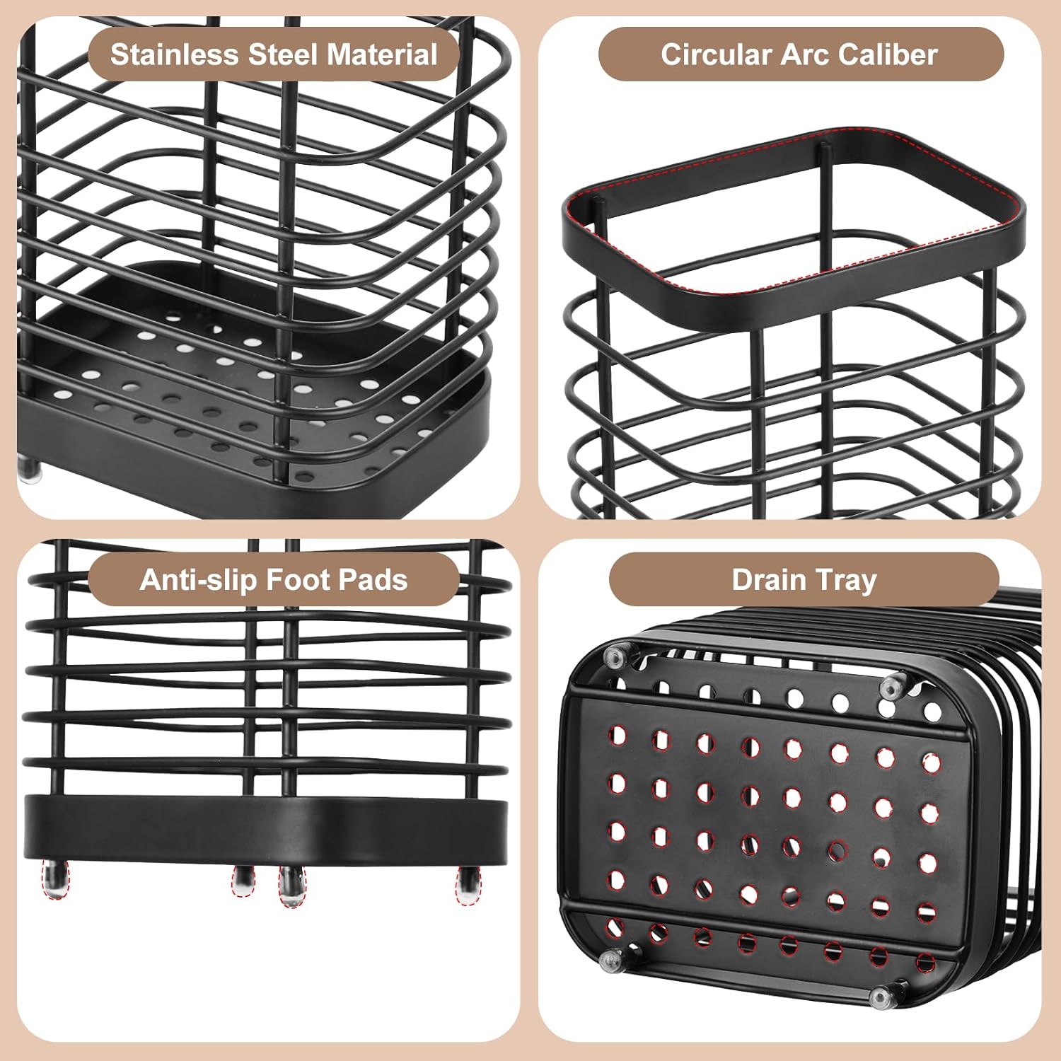 Utensil Holder, Stainless Steel Utensil Drying Rack for Kitchen Counter, Silverware Cutlery Flatware Holder Forks, Knives, Spoons, Chopsticks Organizer (Black)